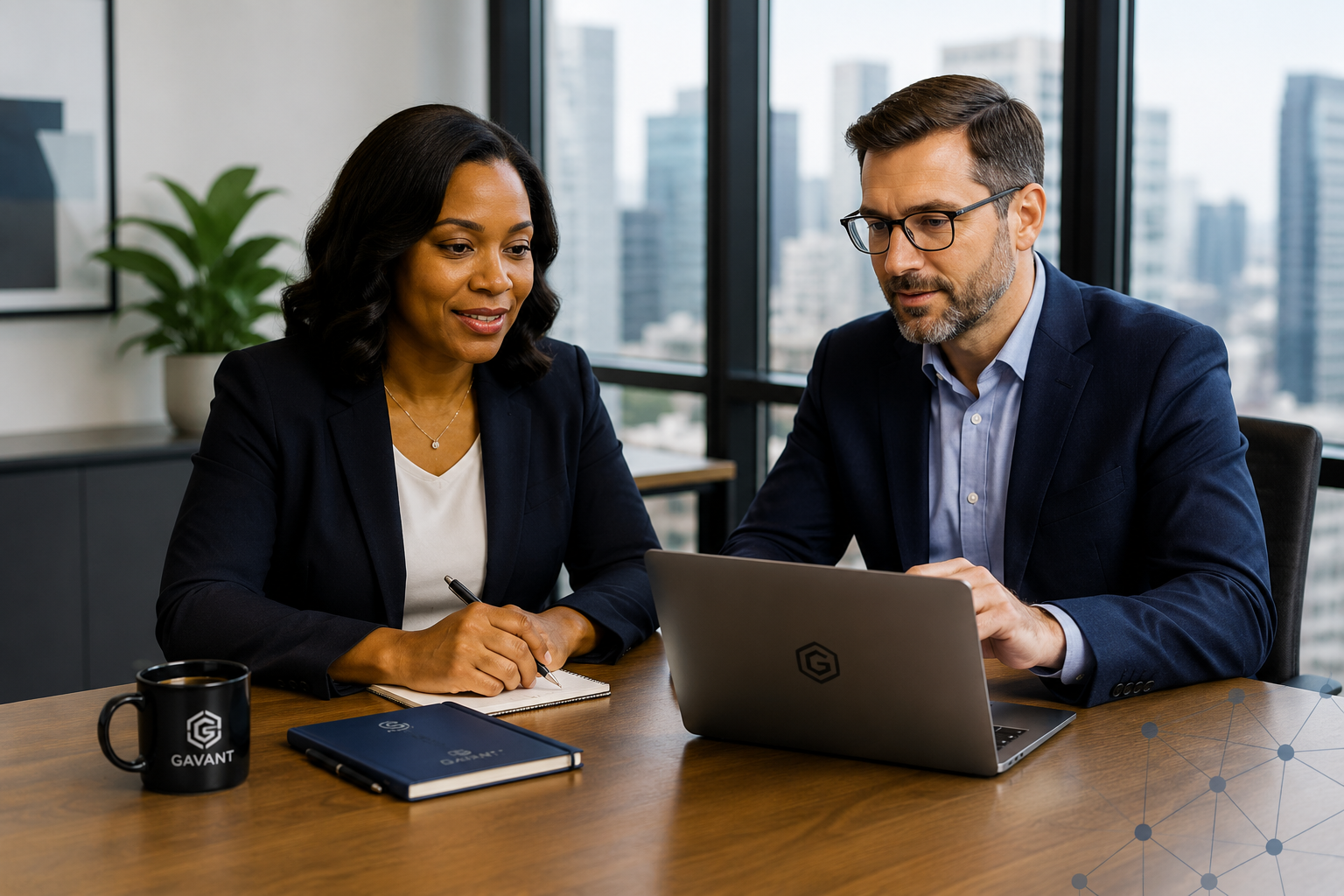Cybersecurity professionals collaborating in a modern office setting.