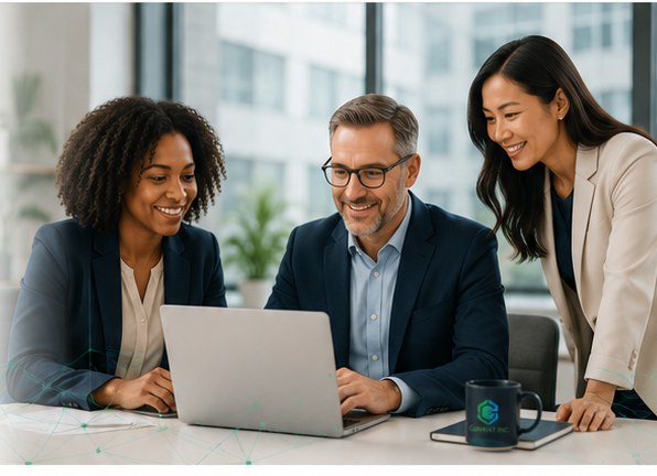 Cybersecurity advisors collaborating with a client around a laptop in a professional office.